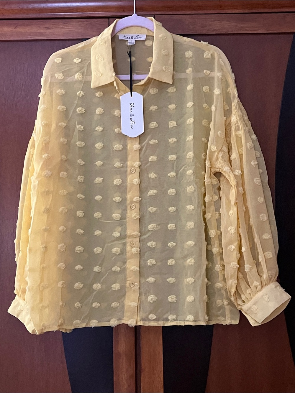 NWT Vine&Love Yellow Swiss Dot Sheer Button-Up Blouse w/Smocked Sleeve Detail